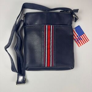 BUENO Navy Blue Faux Leather Crossbody Bag With Red White Blue Stripe Accent NWT